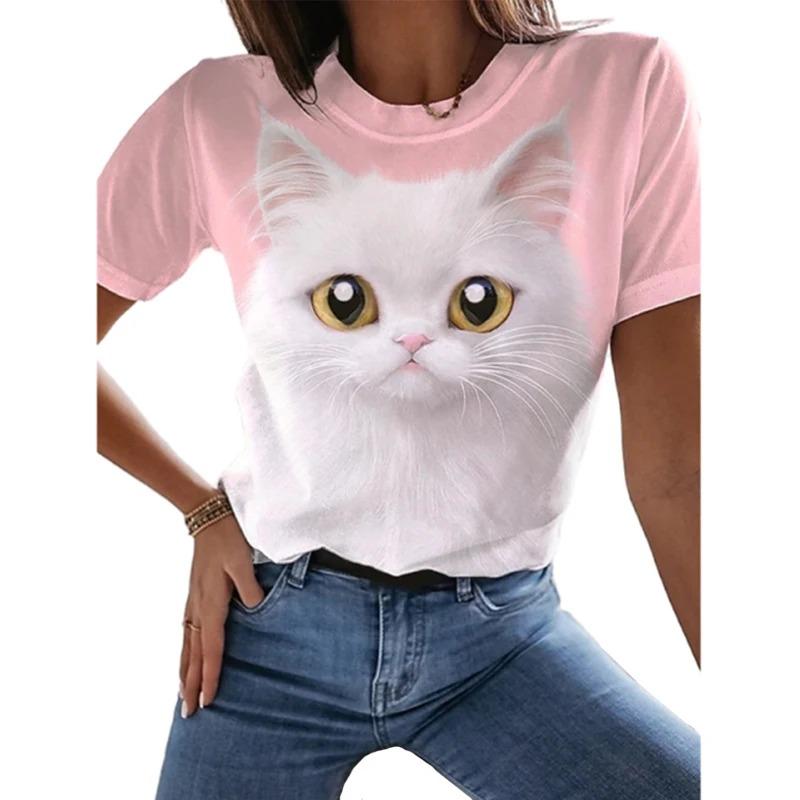 Fashion Woman Blouses T-shirt Women's 3d Cats Print Black Kawaii T Shirt Female Clothing Oversized Summer Top Free Shipping