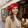Solid Color Wool Beret Knitted Beanie Cap Sweet Bow Beret  Autumn