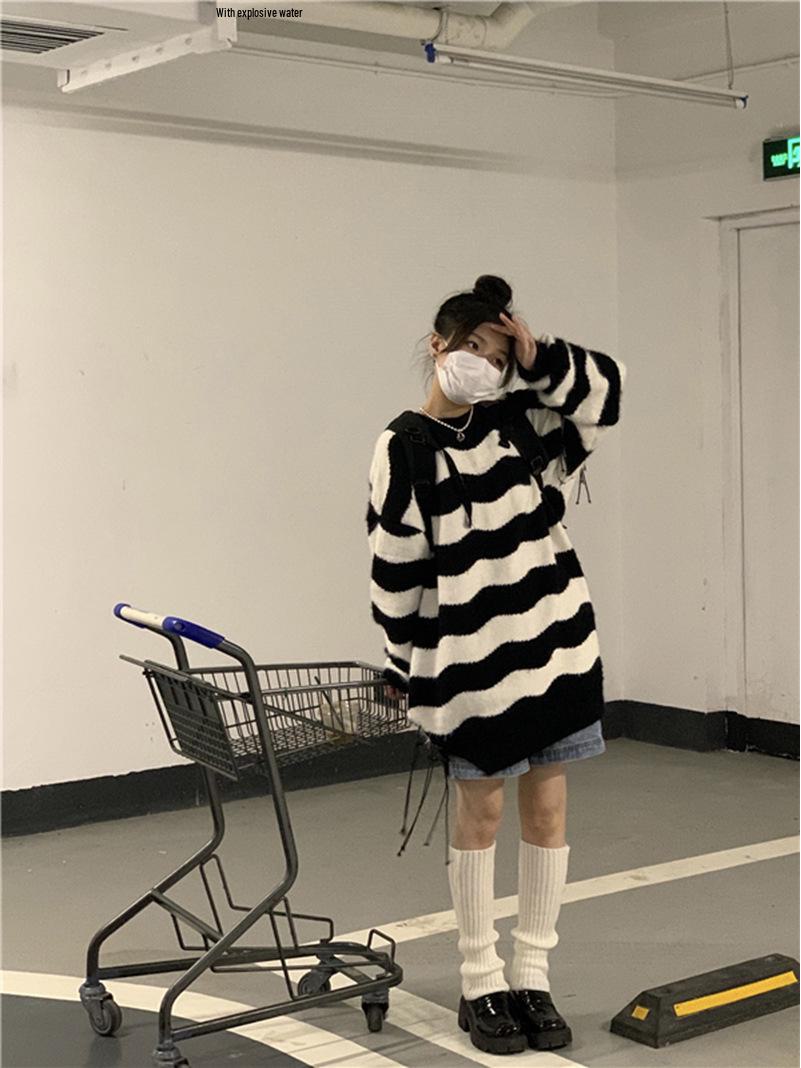 

Свободный свитер в полоску в стиле Харадзюку 2022 года — нишевый женский дизайн на осень/зиму 2XL чёрный