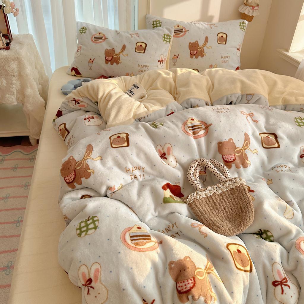 Cartoon Cute Double-Sided Fleece Thickened Milk Fleece Four-Piece Set, Student Dormitory Three-Piece Set, Bedding