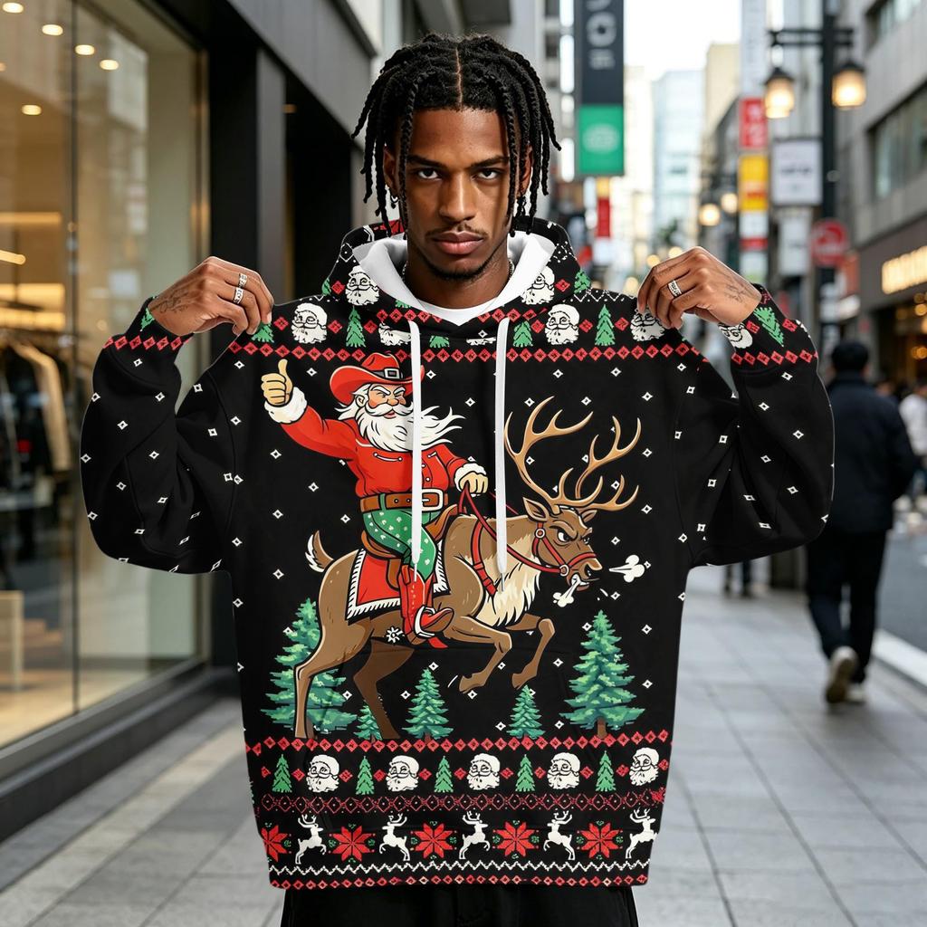 Men's Christmas Print Hoodie with Pocket for Casual Athletic Wear
