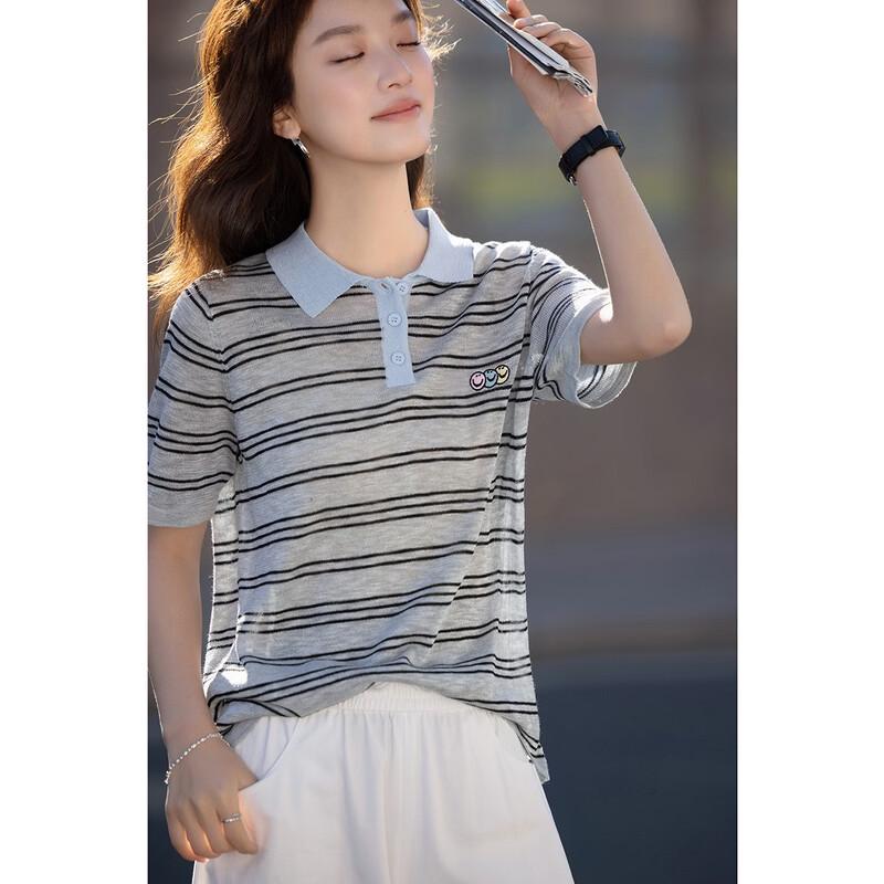 Women's Retro Striped Polo Knit Top
