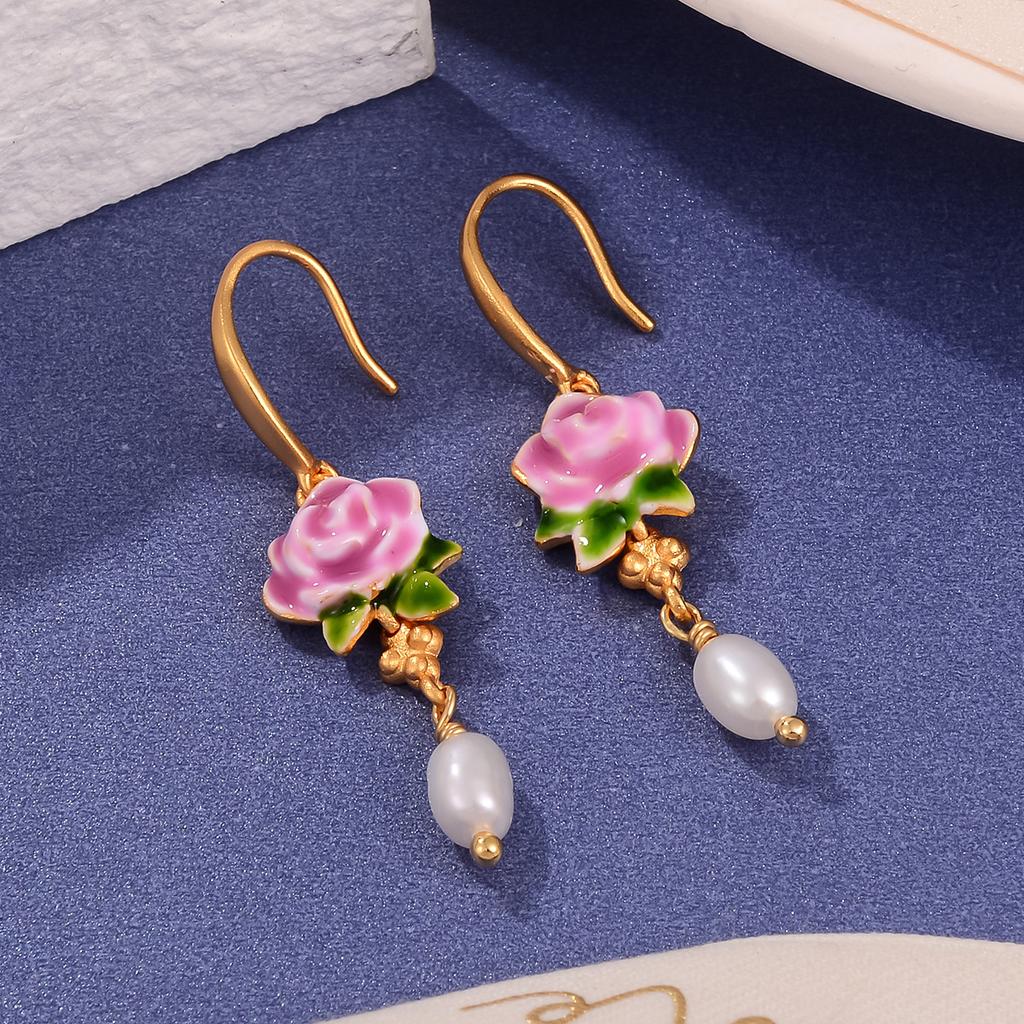 Fresh new Chinese flower stud oil painting style high-end enamel pearl earrings vintage national style tassel earrings women