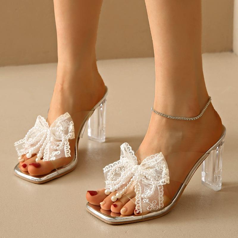 Fashion Crystal Heel Flip-Flops Summer New Square Toe Open Toe Lace Pearl Bow Block Heel Shoes