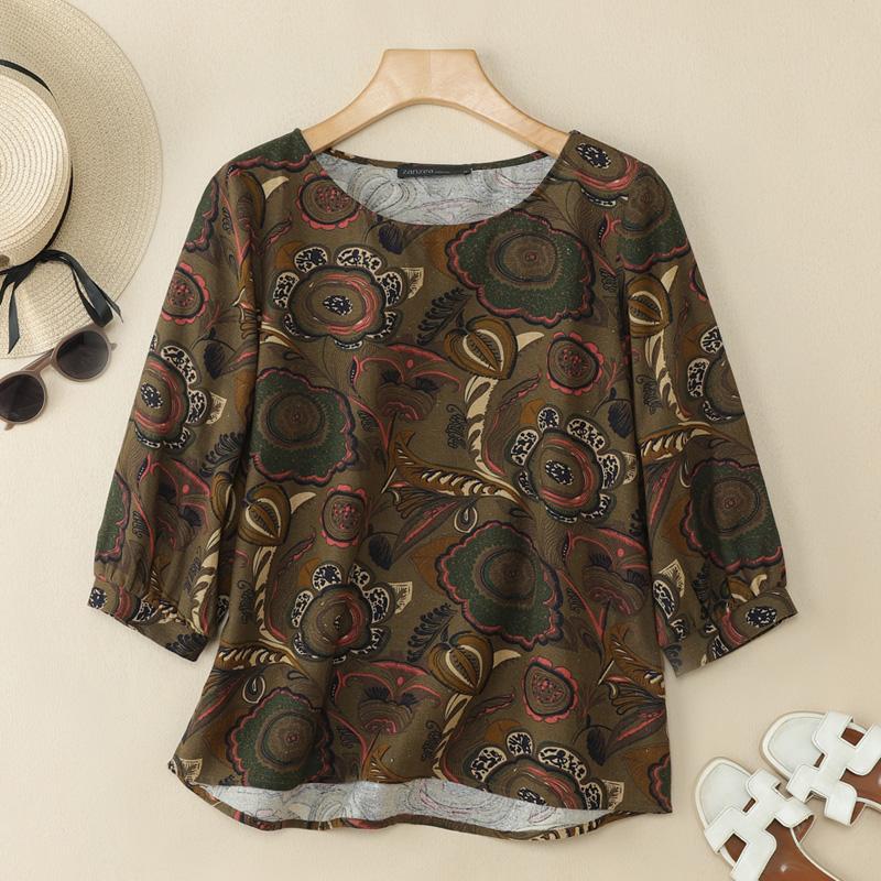 

ZANZEA Женская повседневная блузка с круглым вырезом и рукавами 3/4 из хлопка с принтом в стиле ретро 2XL