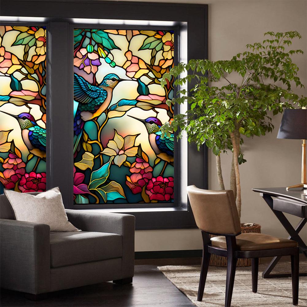Retro Colorful Hummingbird Flower Stained Glass Window Film Non-adhesive  Window Film Decorative Static Cling