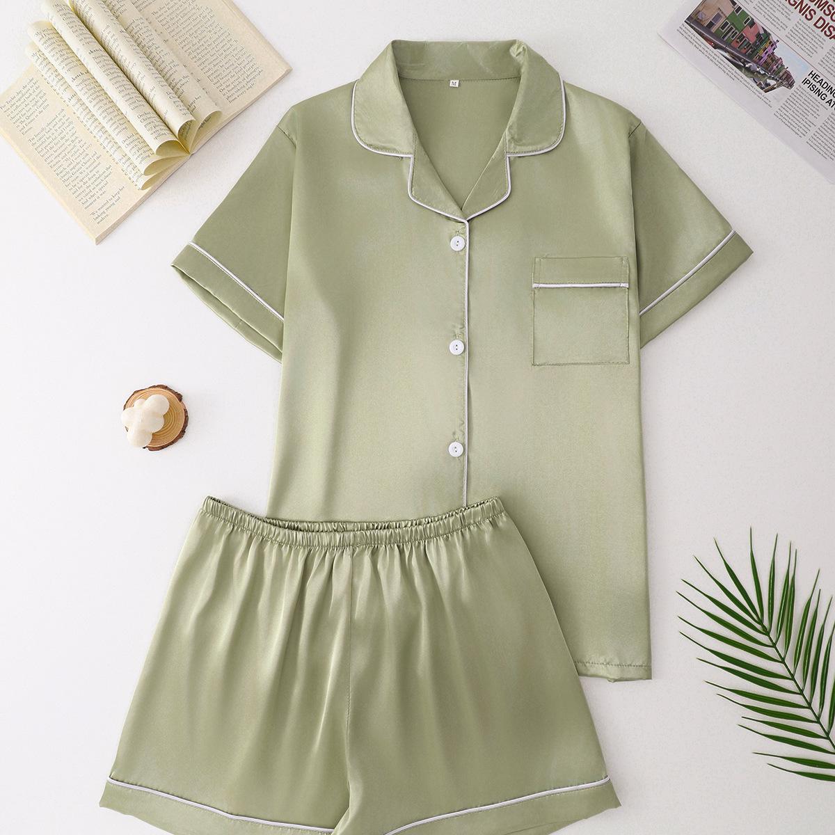 

Женский пижамный комплект большого размера с коротким рукавом и отложным воротником в шелковом стиле Small светло-зеленый