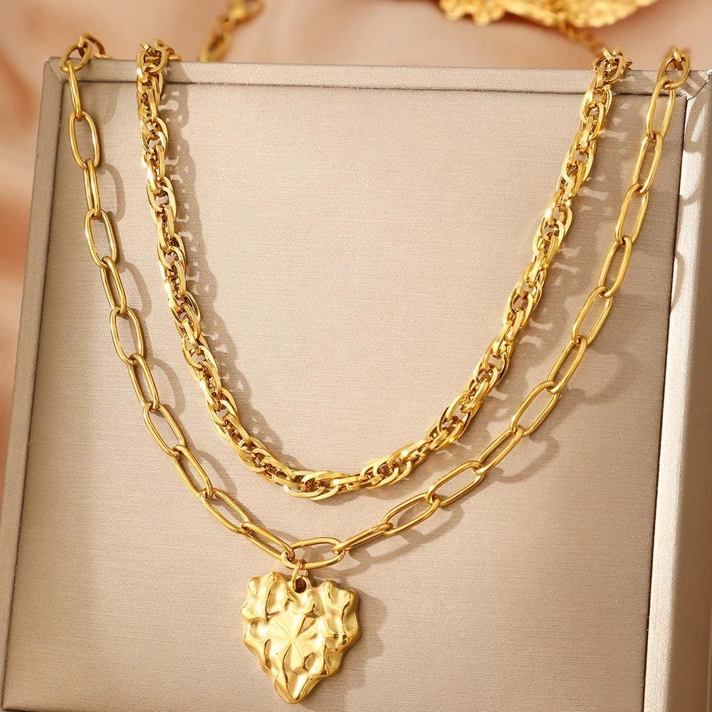 

Stainless Steel Necklace Irregular Heart Two Layers Stacked Collarbone Chain Women s Fashion Light Luxury High Jewelry Party