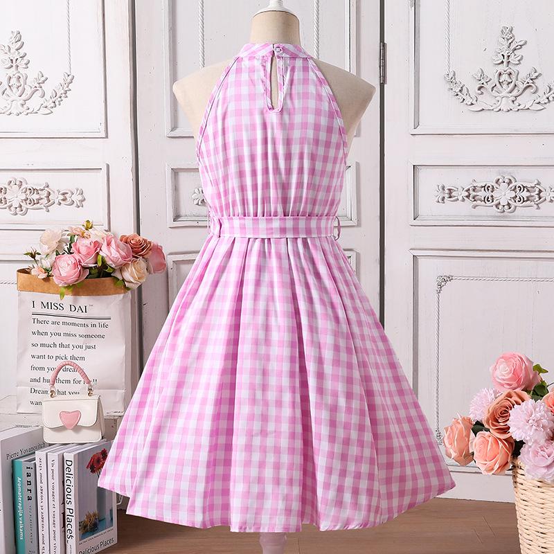 Vestito da bambina senza maniche a quadri rosa con scollo all'americana - Stile europeo e americano