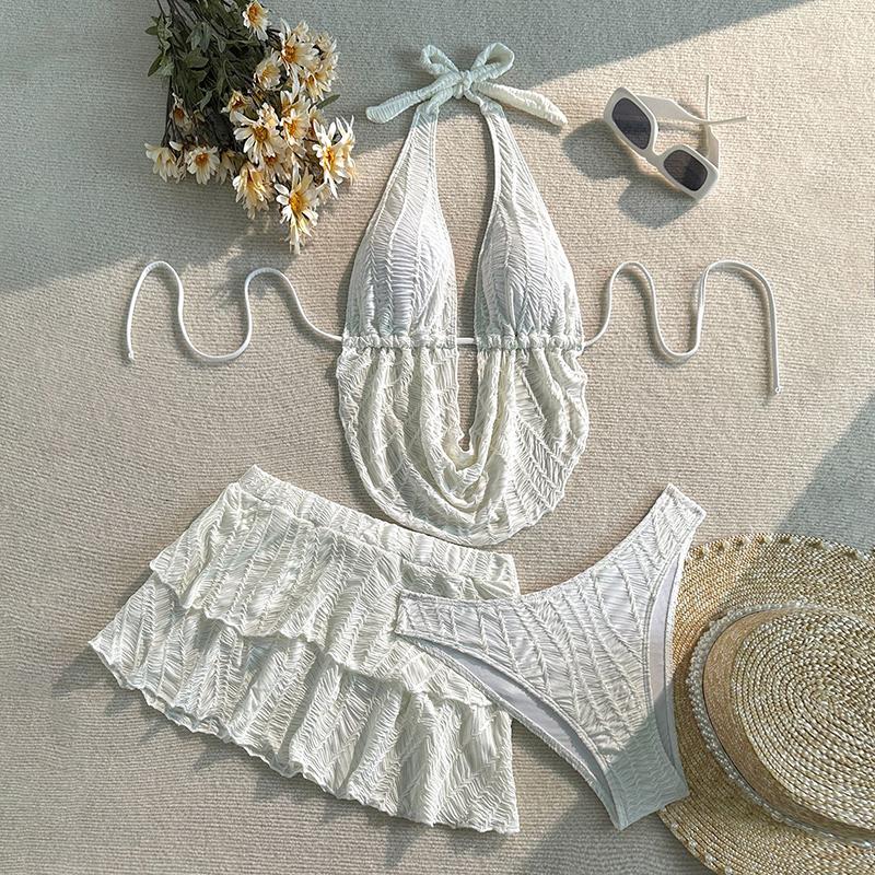 Fashion New Solid Color Split Swimsuit Women Halter Bikini Three-piece Seaside Beach Drawstring Swimsuit