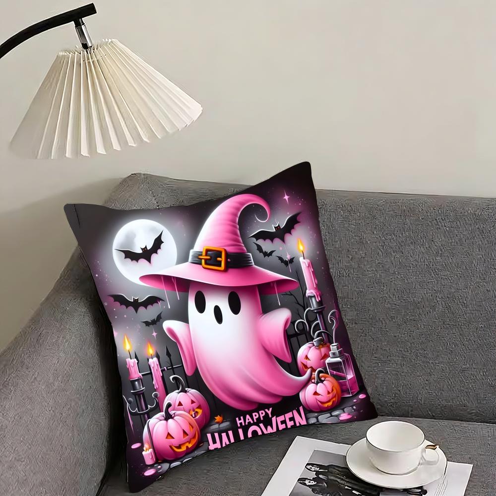 Cute Ghost with Pumpkin Cushion Cover Reversible Plush Pillow Cover – For car, sofa, bedroom, perfect as a gift.