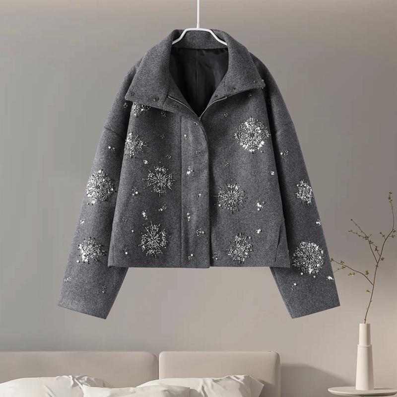 Casual Embroidery Beading Loose Women Coat Lapel Collar Bat Sleeve Solid Wool Blend Jacket 2025 Lady Luxury Spring Outerwear