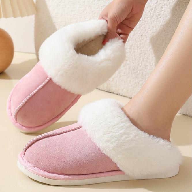 Winter Faux Suede Fur Collar Cotton Slippers for Men Women, Indoor Thick Sole Non-slip Warm Home Slippers