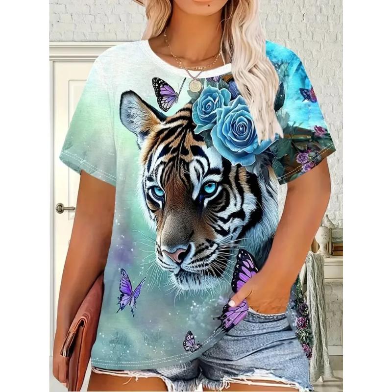 Fashion Women's Crew Neck Short Sleeve 3D Animal Color Printing Animal Short Sleeve Crew Neck T-Shirt