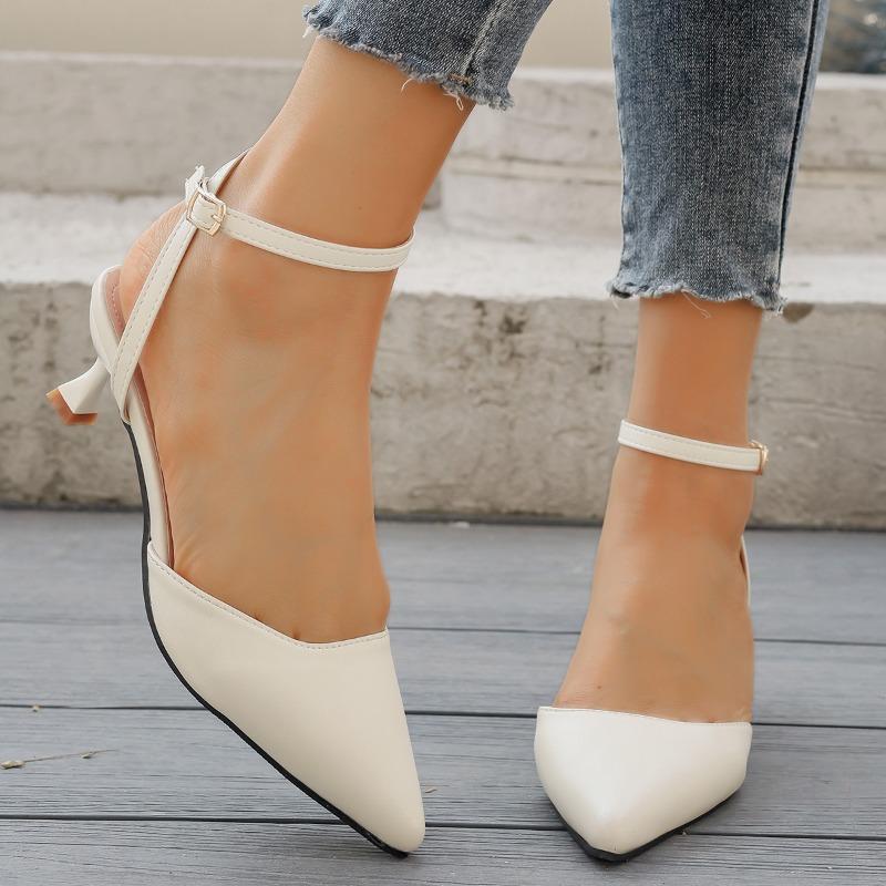 Women's Sandals Summer Shoes Elegant Medium Heels Close Toe Ankle Strap Elegant Green Black White Party Wedding Dance Shoes Lady
