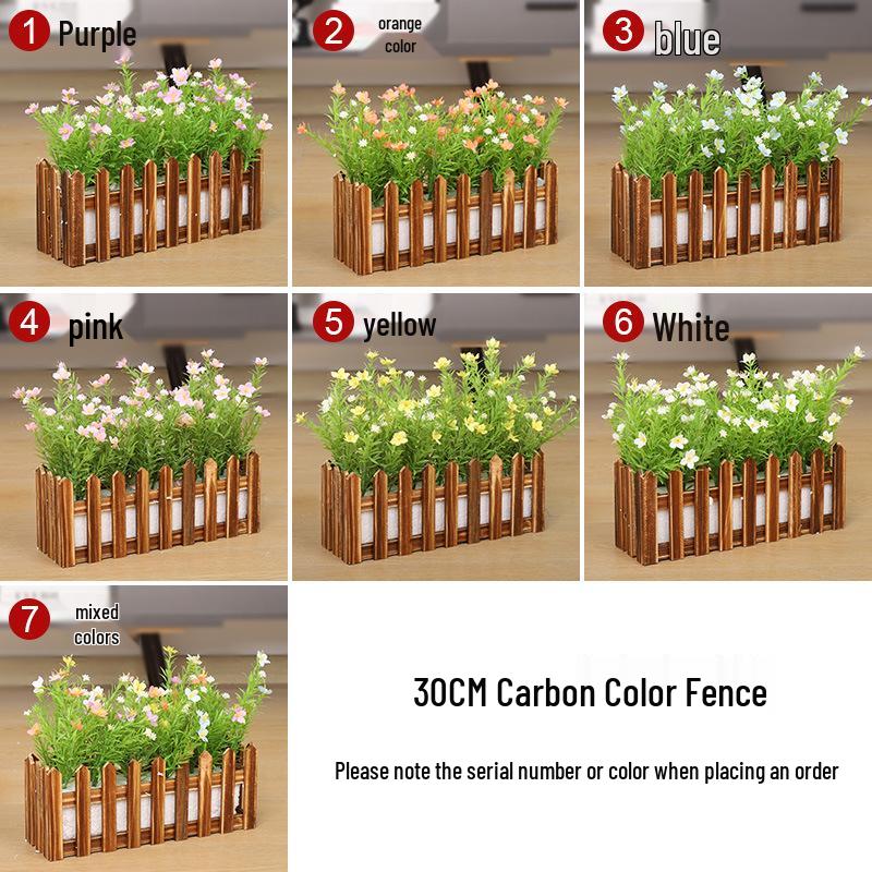 Silk Flower Pot with Wood Fence: Decorative Bonsai for Living Room or Office.