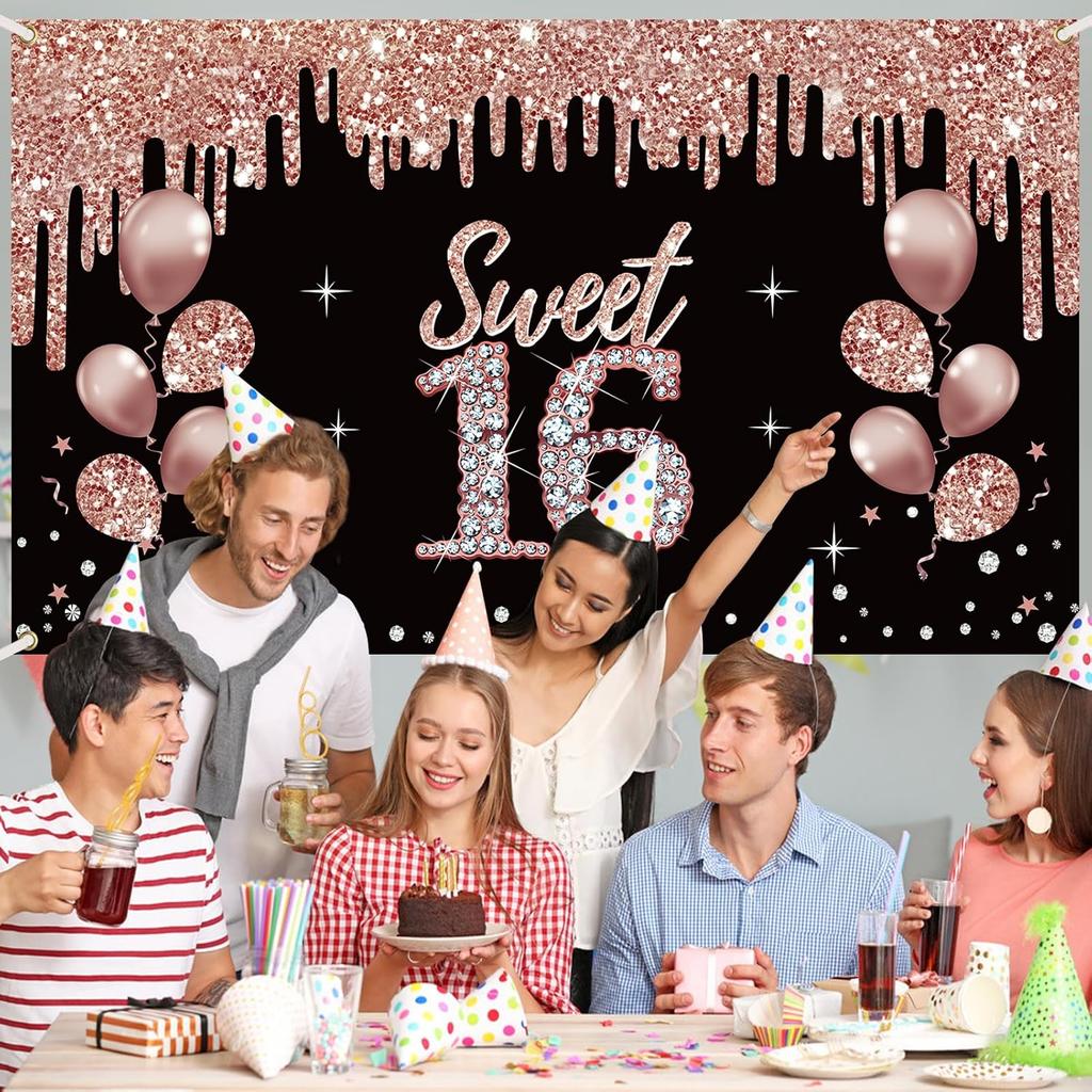 girl16Birthday Decoration Banner,Rose Gold Sweet 16 Birthday theme sign party supplies,16 Birthday background photo booth suitable for indoor and