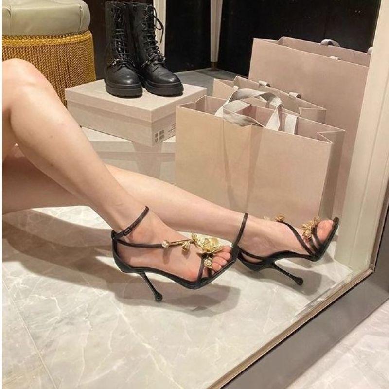 Steg för steg! Fransk kändisstils bankett enordsspänne sandaler fyrkantig tå guld ros högklackade dams stilett