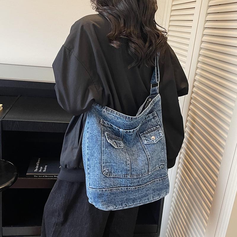 Vintage Large Capacity Denim Tote Bag Women's Shoulder Bag Commuter Crossbody Bag