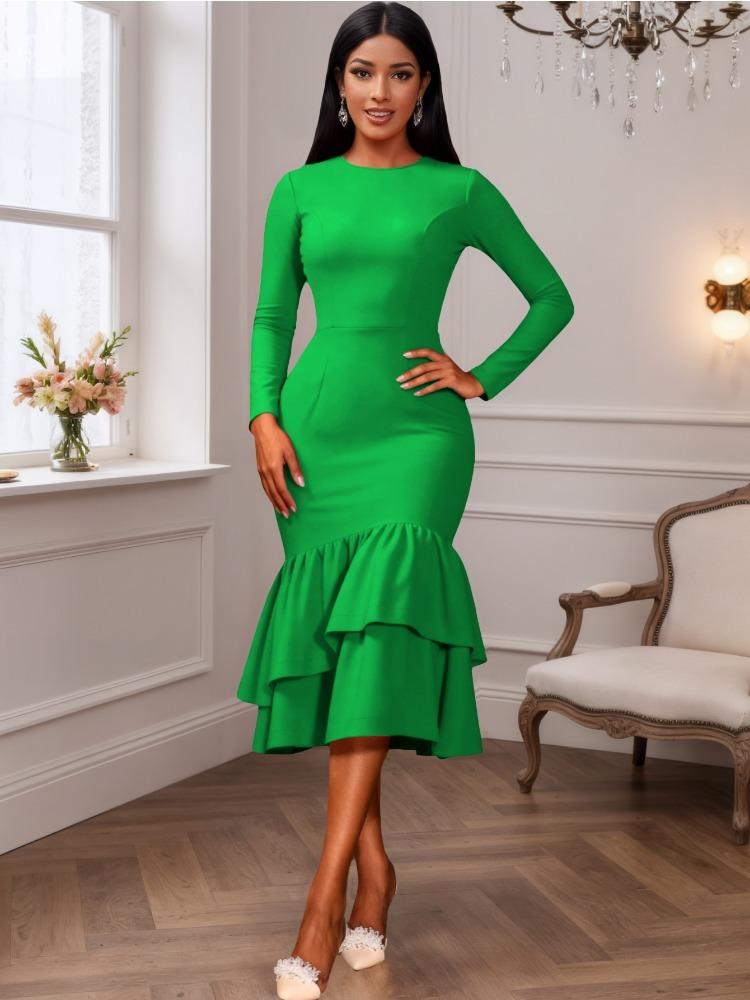 

Женские Элегантные Церковные Платья Длинные Рукава Русалка Рюши Офисные Леди Работа Бизнес Вечеринка Мода Осень 2025 Новый Африканский XXL зелёный