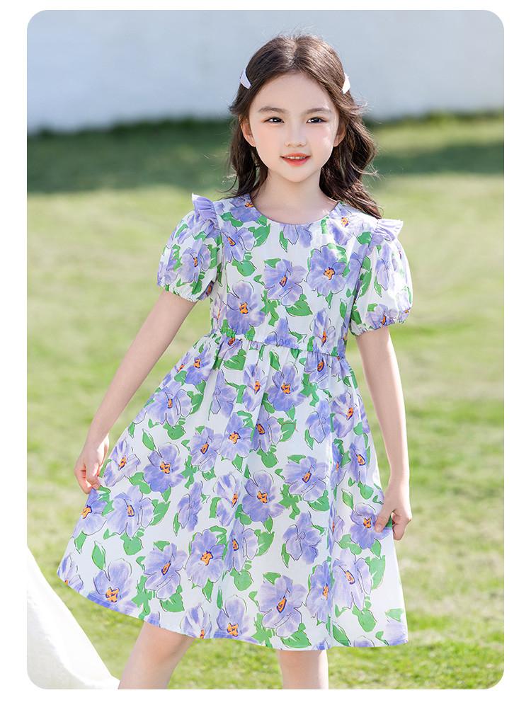 Summer Thin Cotton Fresh Floral Dress for Girls, Stylish and High-end, with Lantern Sleeves for Big Children