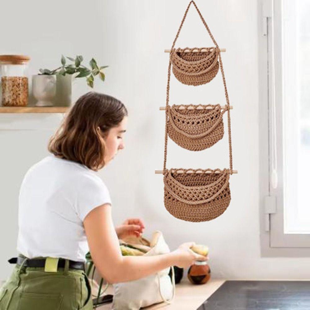 Handmade Hanging Fruit Baskets Simple Fruit Net Pocket Practical 3 Tier Storage Bag  Closet