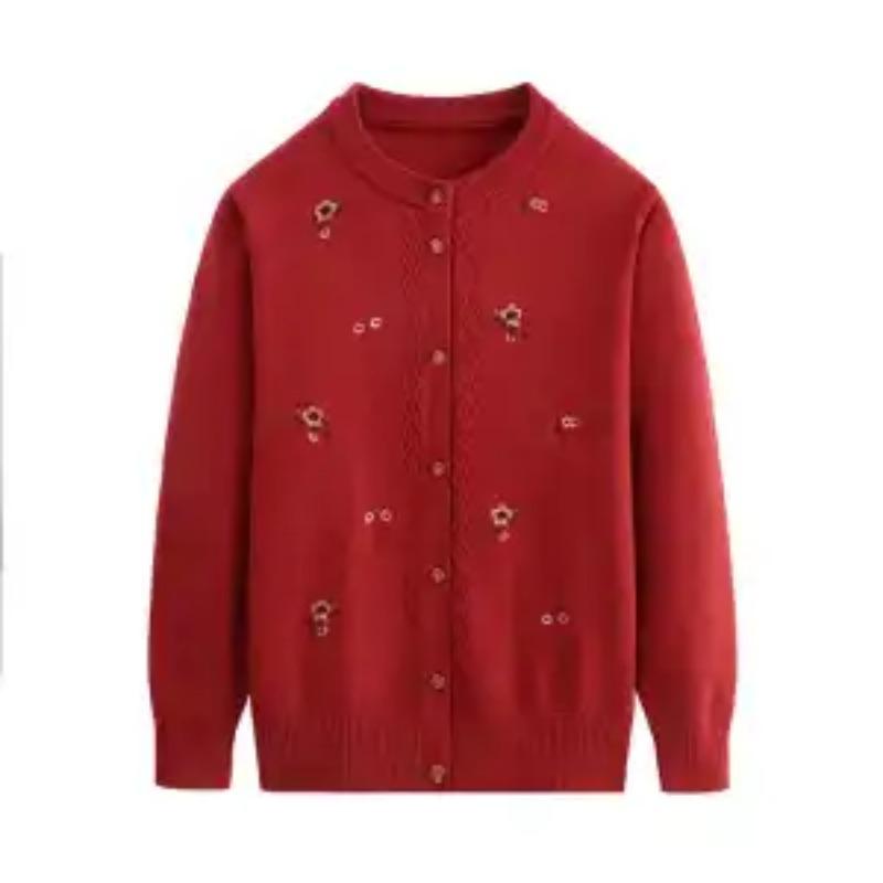 New Women's Autumn Winter Splicing Round Neck Printed Buttons Fashionable Versatile Casual Knitted Long-sleeved Cardigan