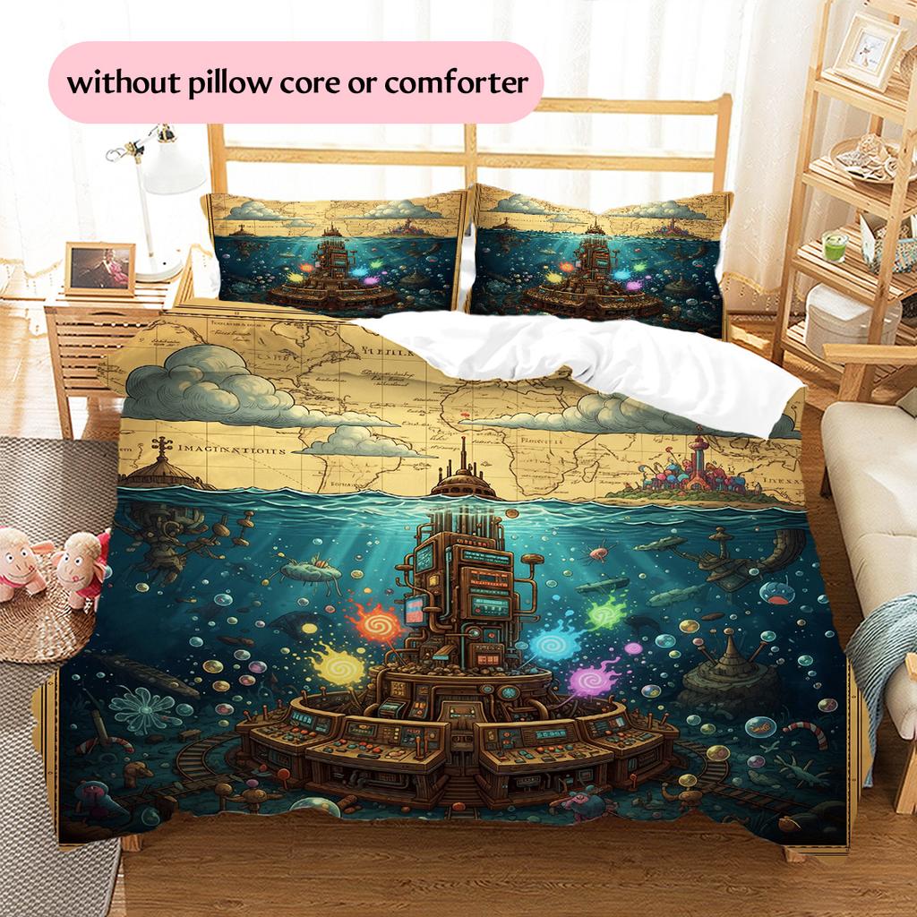 Map Ocean Architecture Pattern Bedding Quilt Set Home Decoration Gift (1 * duvet cover + 2 * pillowcase without core)