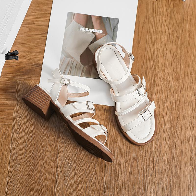 Retro mid-heeled sandals for women's summer new British style with one-word buckle thick heel stepping on shit open-toed Roman shoes for women