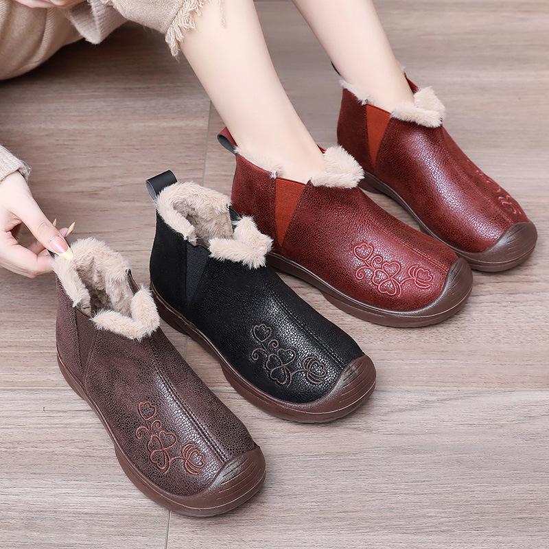 Women's Lightweight Chunky-Soled Winter Insulated Wool-Fur Combination Snow Boots Anti-Slip Cushioned Casual Athletic Cotton Boots