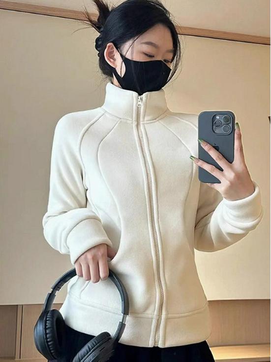 

Women s Milk White Fleece Jacket with Velvet-Lined Hoodie – Warm School Uniform for Autumn and Winter S Fishbone/Long Sleeve/Waisted
