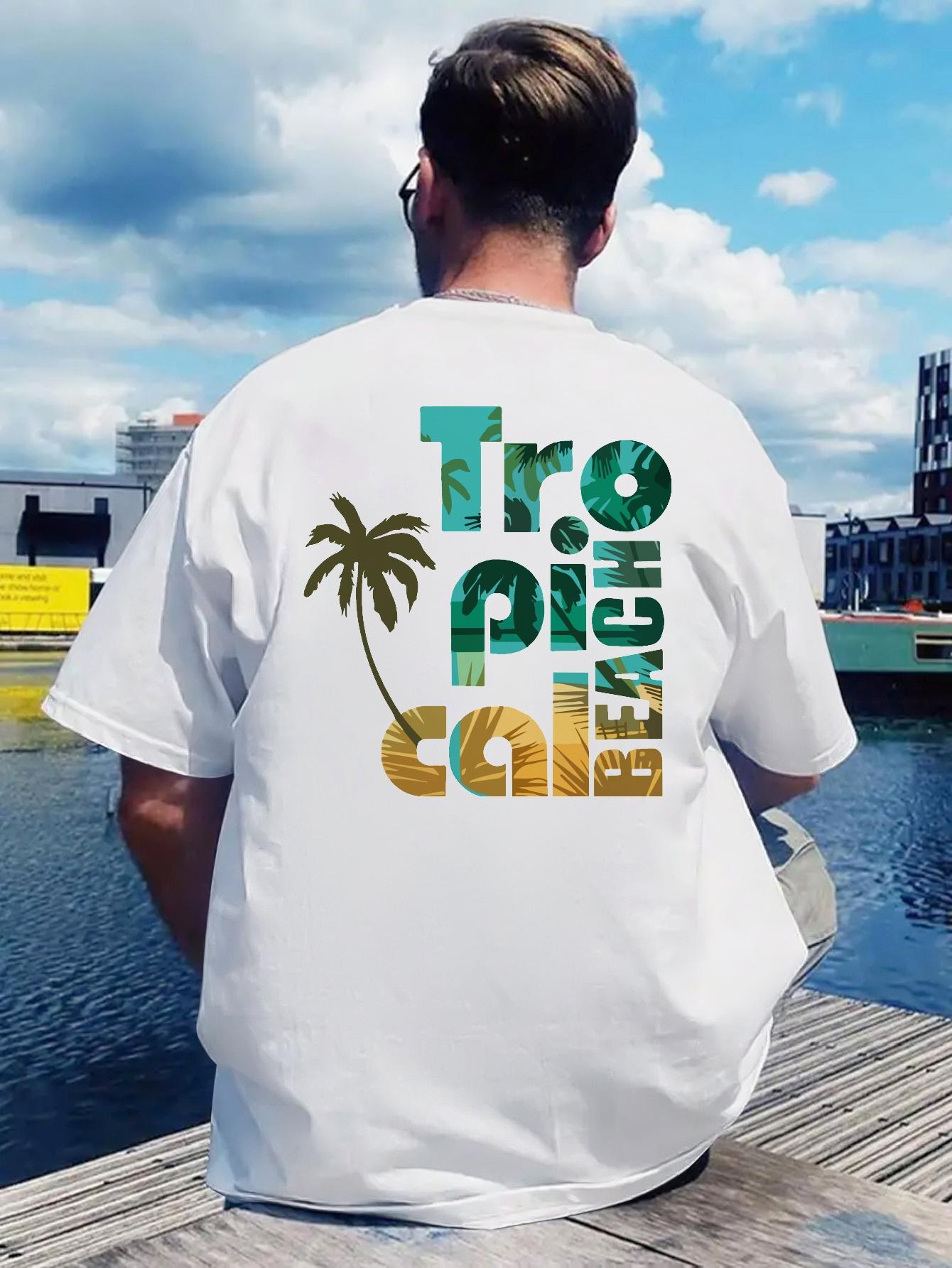 T-shirt with Summer Beach Elements Print - Casual Polyester Crew Neck S