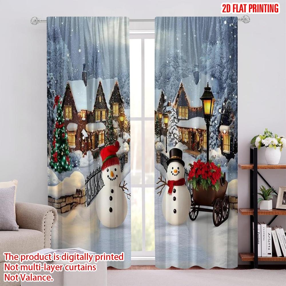 

Set Of 2 Flat Printing Merry Christmas Popular Party Window Curtains Winter Town Snowman Scene Fabric Without Electricity Holiday Curtain Made W100*H70(CM)-Rod Pocket&2PCS