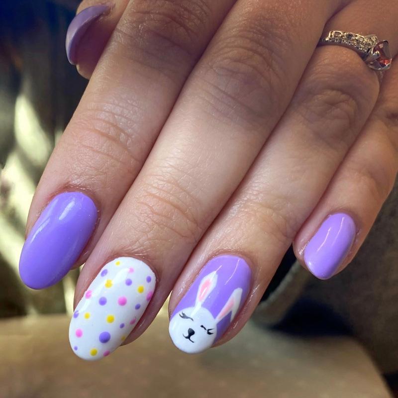 Easter Purple Polka Dot Rabbit Oval Nail Tips - 30 Pieces