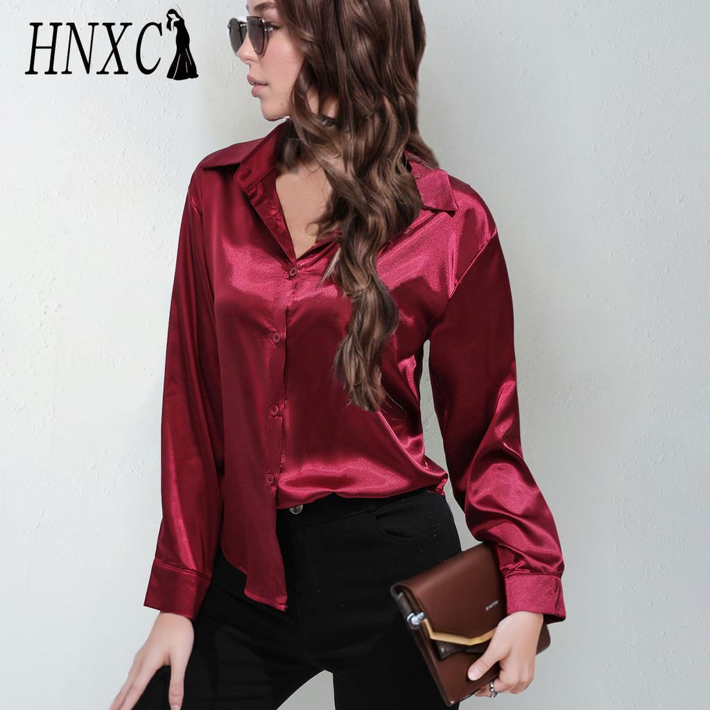 HNXC Satin Silk-like Long-sleeved Solid Color Shirt for Women, Elegant Button-down Front Lapel Shirt