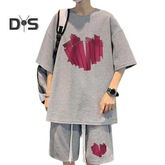 

2 шт./комплект мужской летний наряд круглый вырез короткий рукав топы широкие шорты комплект сердечный узор свободный крой спортивный костюм M серый