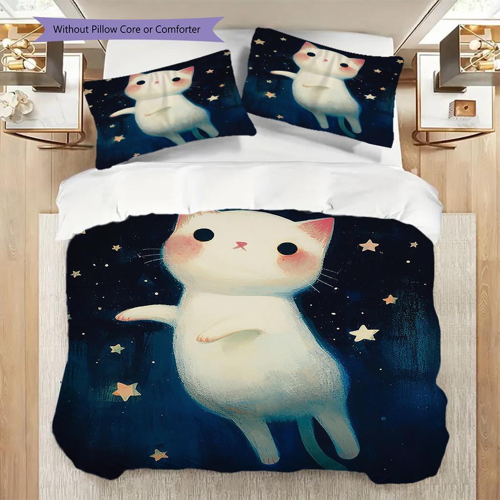 White Cat Pattern Bedding Quilt Set Quilt Cover Pillowcase Home Decoration Birthday Gift (1 * Duvet Cover + 2 * Pillowcase, Without Core)