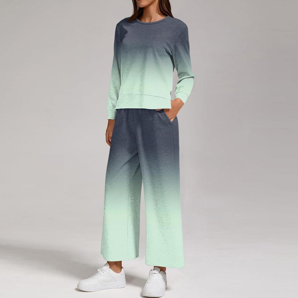 Women's Fashion Round Neck Loose Fit Printed Sweatshirt and Jogger Pants Set with Side Split Hem