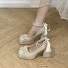 Mode Damen Plateau High Heels Damen Elegant Schleife Perle Mary Jane Hochzeitsschuhe Elegant Dicker Absatz High Heels Zapatos Mujer