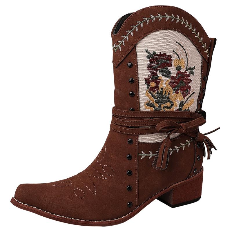 Mode Retro Nische Stickerei Print Martin Stiefel Damen Sommer Neu Dicke Ferse Runde Spitze Stiefel
