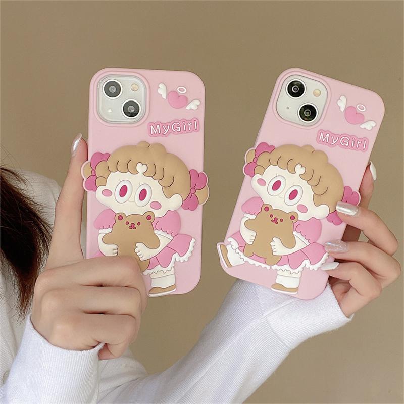 Koreanische süße 3D-Mädchen-Bär-Silikon-Rosa-Telefonhülle für iPhone 14 13 12 Pro Max 11 Ins schöne Cartoon-Schutzhülle Soft Cover Funda