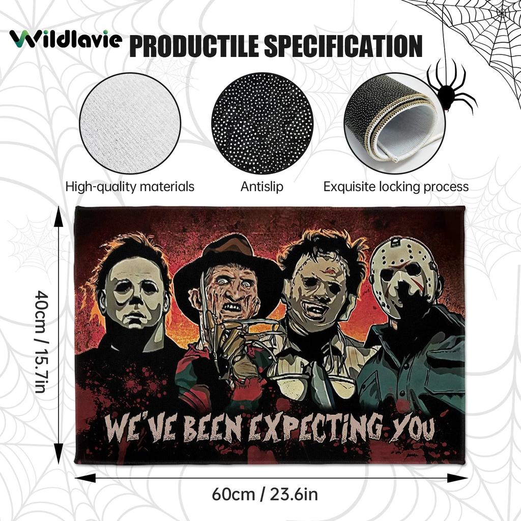 Horror Movie Characters Doormat "We've Been Expecting You" Non-Slip Washable Entrance Rug for Halloween Home Decor