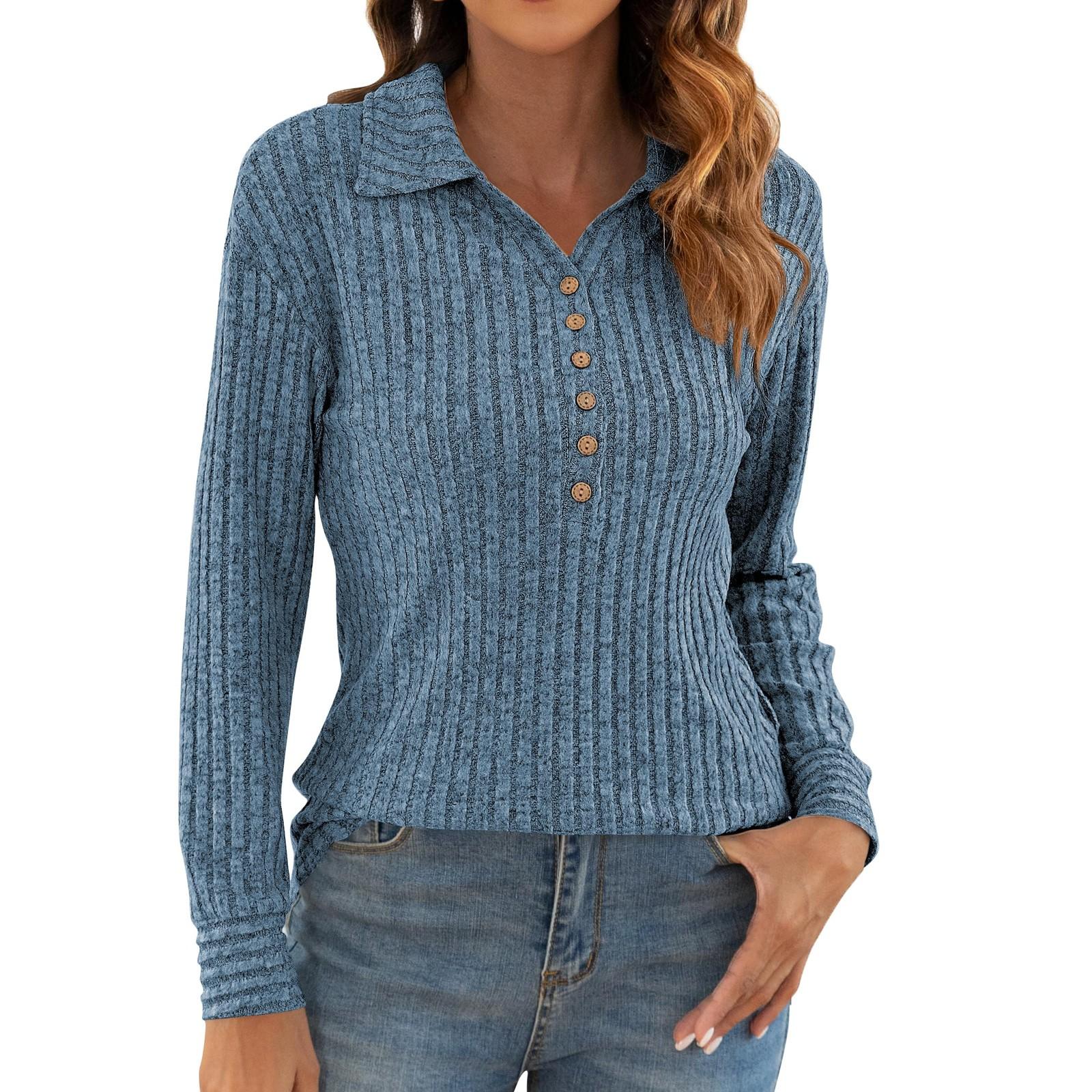 

Женский легкий свитер с длинным рукавом, осенне-зимняя туника с воротником на пуговицах XL синий