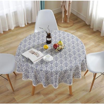 Nappe ronde à motif de porcelaine bleu et blanc rétro avec des glands en dentelle cousue pour la table à manger pour la maison, le jardin et le thé