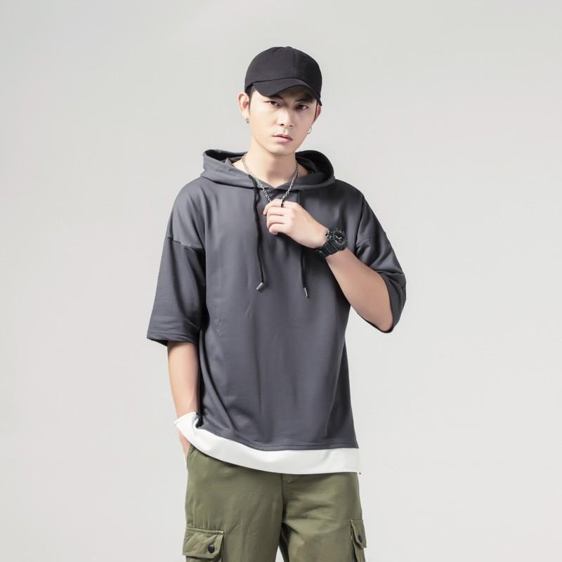 Men Summer Solid Hooded T-Shirts Short Sleeve Loose Streetwear Tees Male Vintage Casual Sports Plus Size Hooded Neck Tops