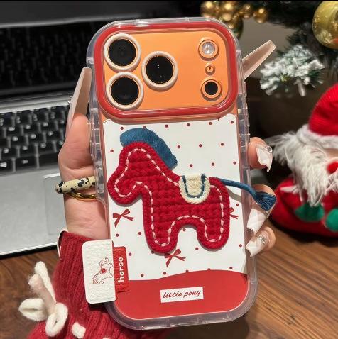 Mirror Bracket Is Suitable for Iphone17promax Mobile Phone Case, National Style Embroidery Knitted Pony Apple 16 Protective Case