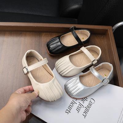 Chaussures en Cuir Simples pour Petite Fille Couleur Unie Plissées Ballerines pour Enfants Mode Polyvalentes Chaussures de Marche Décontractées pour Enfants Printemps Automne