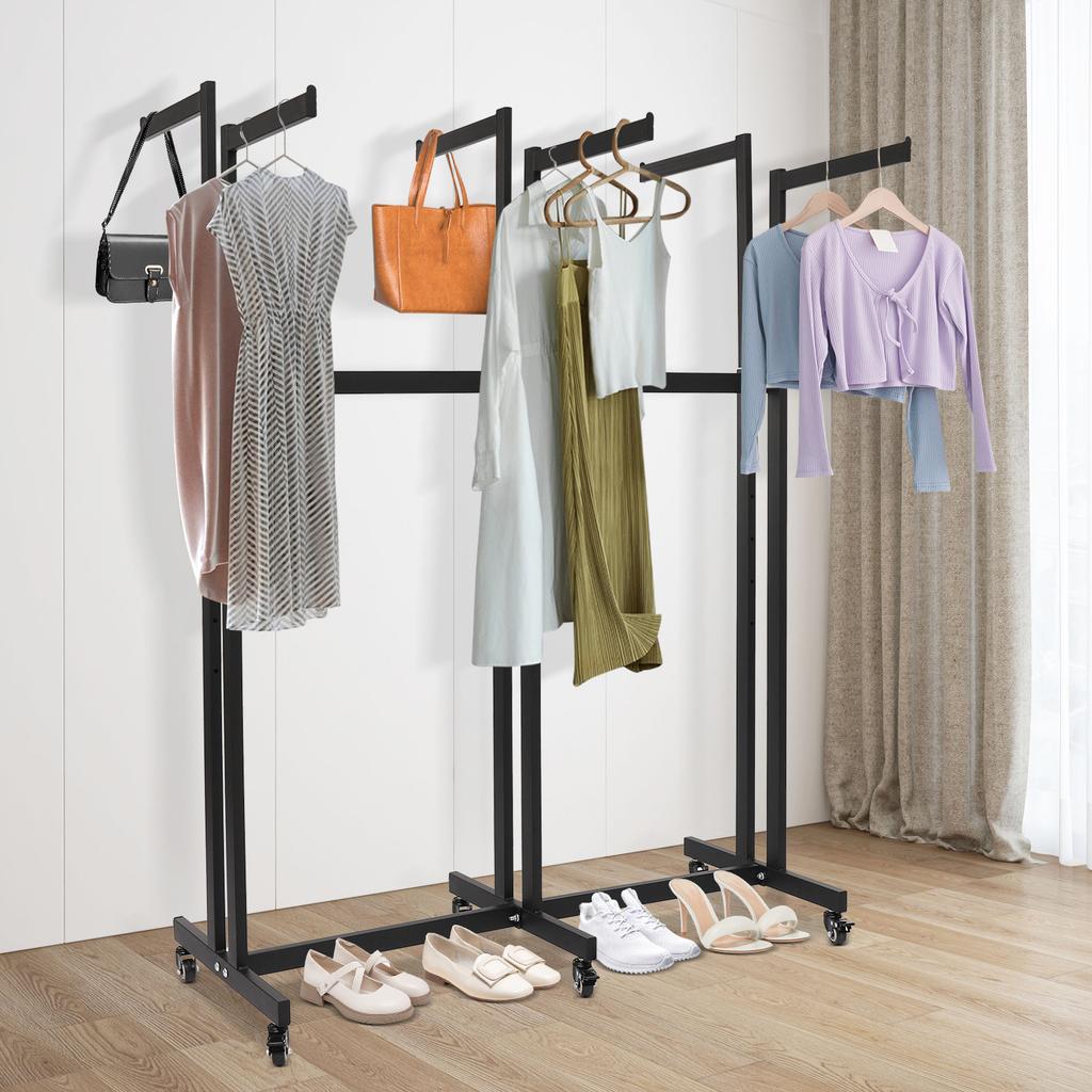 Schwarzer 6-armiger rollender Kleiderständer, Verstellbarer Kleiderständer mit Rädern, Schwerlast-Bekleidungsständer für Einzelhandelsgeschäft