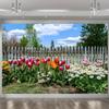 One Vivid Garden and a White Fence Polyester Flag - Colorful Tulips and Flowers, Garden Decoration