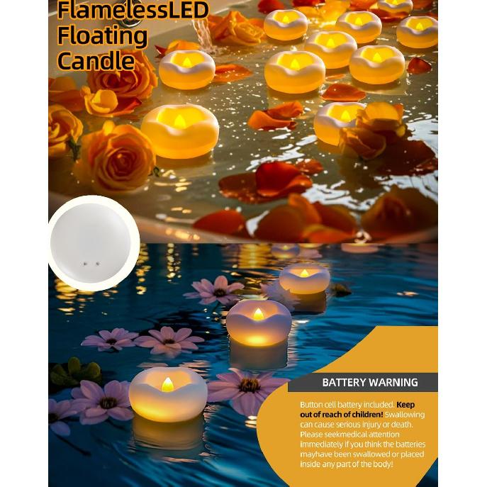 24 x 2”Floating Candle, 200 Hour Water Activated Warm White Battery Powered Flameless LED Floating Candle Floating for
